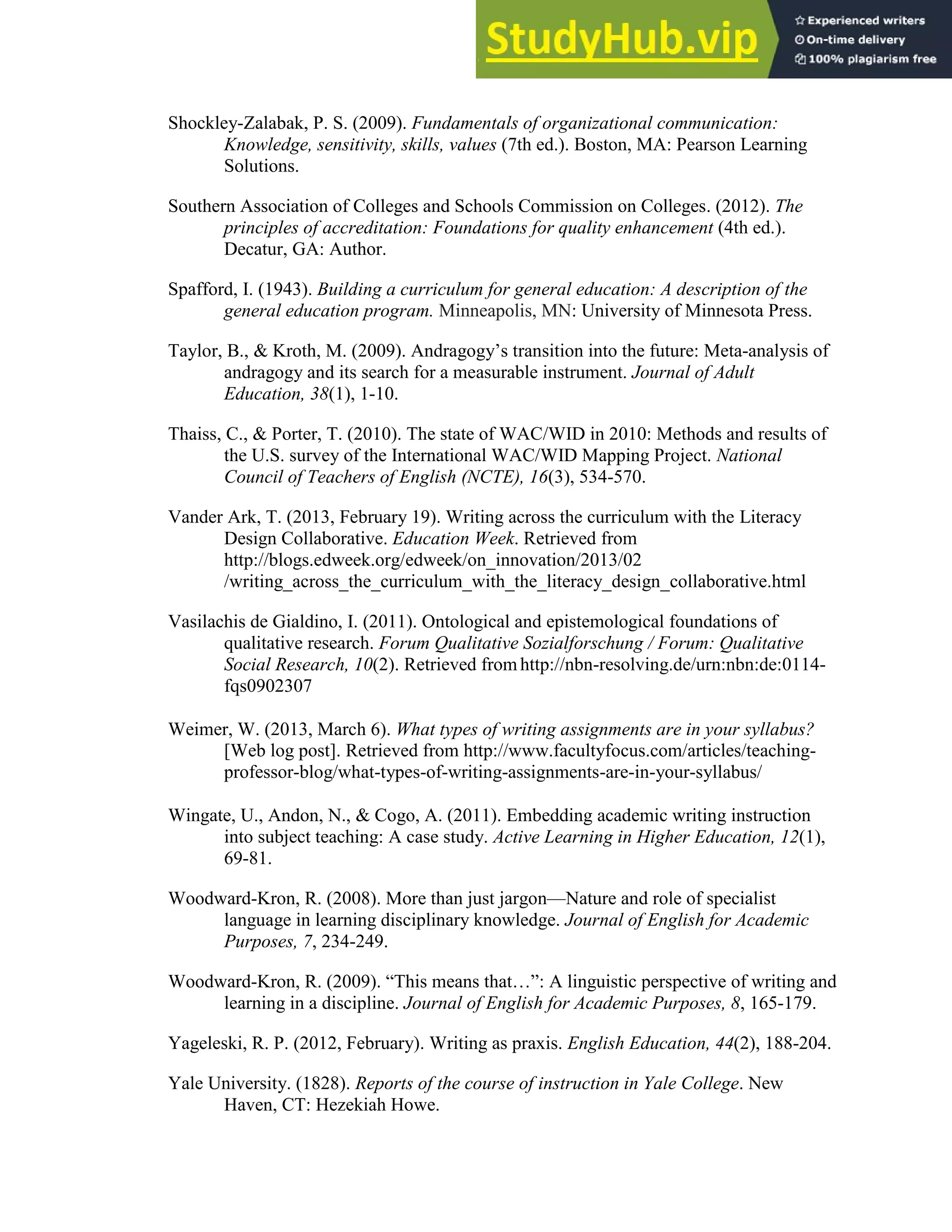 124
Shockley-Zalabak, P. S. (2009). Fundamentals of organizational communication:
Knowledge, sensitivity, skills, values (7th ed.). Boston, MA: Pearson Learning
Solutions.
Southern Association of Colleges and Schools Commission on Colleges. (2012). The
principles of accreditation: Foundations for quality enhancement (4th ed.).
Decatur, GA: Author.
Spafford, I. (1943). Building a curriculum for general education: A description of the
general education program. Minneapolis, MN: University of Minnesota Press.
Taylor, B., & Kroth, M. (2009). Andragogy’s transition into the future: Meta-analysis of
andragogy and its search for a measurable instrument. Journal of Adult
Education, 38(1), 1-10.
Thaiss, C., & Porter, T. (2010). The state of WAC/WID in 2010: Methods and results of
the U.S. survey of the International WAC/WID Mapping Project. National
Council of Teachers of English (NCTE), 16(3), 534-570.
Vander Ark, T. (2013, February 19). Writing across the curriculum with the Literacy
Design Collaborative. Education Week. Retrieved from
http://blogs.edweek.org/edweek/on_innovation/2013/02
/writing_across_the_curriculum_with_the_literacy_design_collaborative.html
Vasilachis de Gialdino, I. (2011). Ontological and epistemological foundations of
qualitative research. Forum Qualitative Sozialforschung / Forum: Qualitative
Social Research, 10(2). Retrieved from http://nbn-resolving.de/urn:nbn:de:0114-
fqs0902307
Weimer, W. (2013, March 6). What types of writing assignments are in your syllabus?
[Web log post]. Retrieved from http://www.facultyfocus.com/articles/teaching-
professor-blog/what-types-of-writing-assignments-are-in-your-syllabus/
Wingate, U., Andon, N., & Cogo, A. (2011). Embedding academic writing instruction
into subject teaching: A case study. Active Learning in Higher Education, 12(1),
69-81.
Woodward-Kron, R. (2008). More than just jargon—Nature and role of specialist
language in learning disciplinary knowledge. Journal of English for Academic
Purposes, 7, 234-249.
Woodward-Kron, R. (2009). “This means that…”: A linguistic perspective of writing and
learning in a discipline. Journal of English for Academic Purposes, 8, 165-179.
Yageleski, R. P. (2012, February). Writing as praxis. English Education, 44(2), 188-204.
Yale University. (1828). Reports of the course of instruction in Yale College. New
Haven, CT: Hezekiah Howe.
 