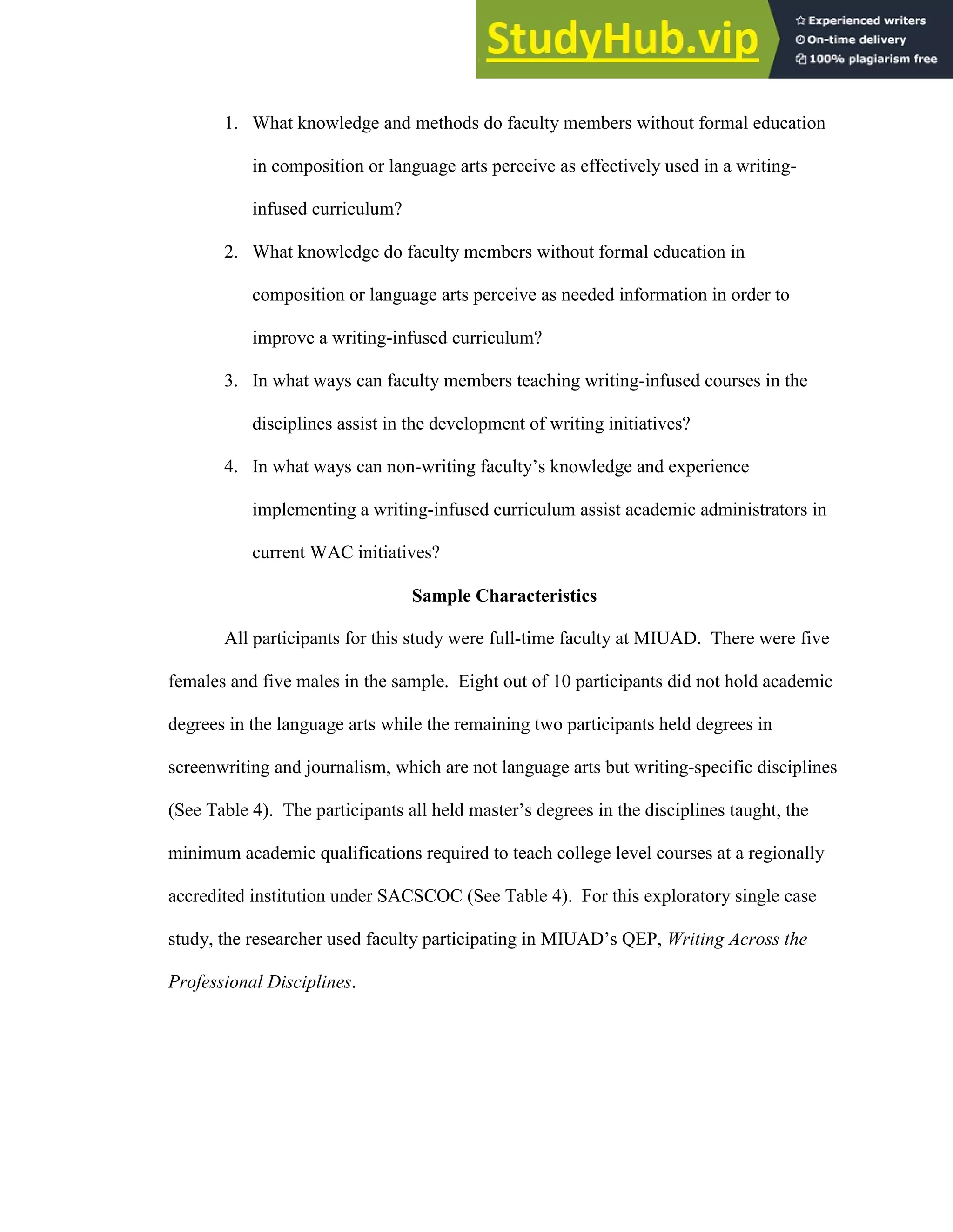 82
1. What knowledge and methods do faculty members without formal education
in composition or language arts perceive as effectively used in a writing-
infused curriculum?
2. What knowledge do faculty members without formal education in
composition or language arts perceive as needed information in order to
improve a writing-infused curriculum?
3. In what ways can faculty members teaching writing-infused courses in the
disciplines assist in the development of writing initiatives?
4. In what ways can non-writing faculty’s knowledge and experience
implementing a writing-infused curriculum assist academic administrators in
current WAC initiatives?
Sample Characteristics
All participants for this study were full-time faculty at MIUAD. There were five
females and five males in the sample. Eight out of 10 participants did not hold academic
degrees in the language arts while the remaining two participants held degrees in
screenwriting and journalism, which are not language arts but writing-specific disciplines
(See Table 4). The participants all held master’s degrees in the disciplines taught, the
minimum academic qualifications required to teach college level courses at a regionally
accredited institution under SACSCOC (See Table 4). For this exploratory single case
study, the researcher used faculty participating in MIUAD’s QEP, Writing Across the
Professional Disciplines.
 