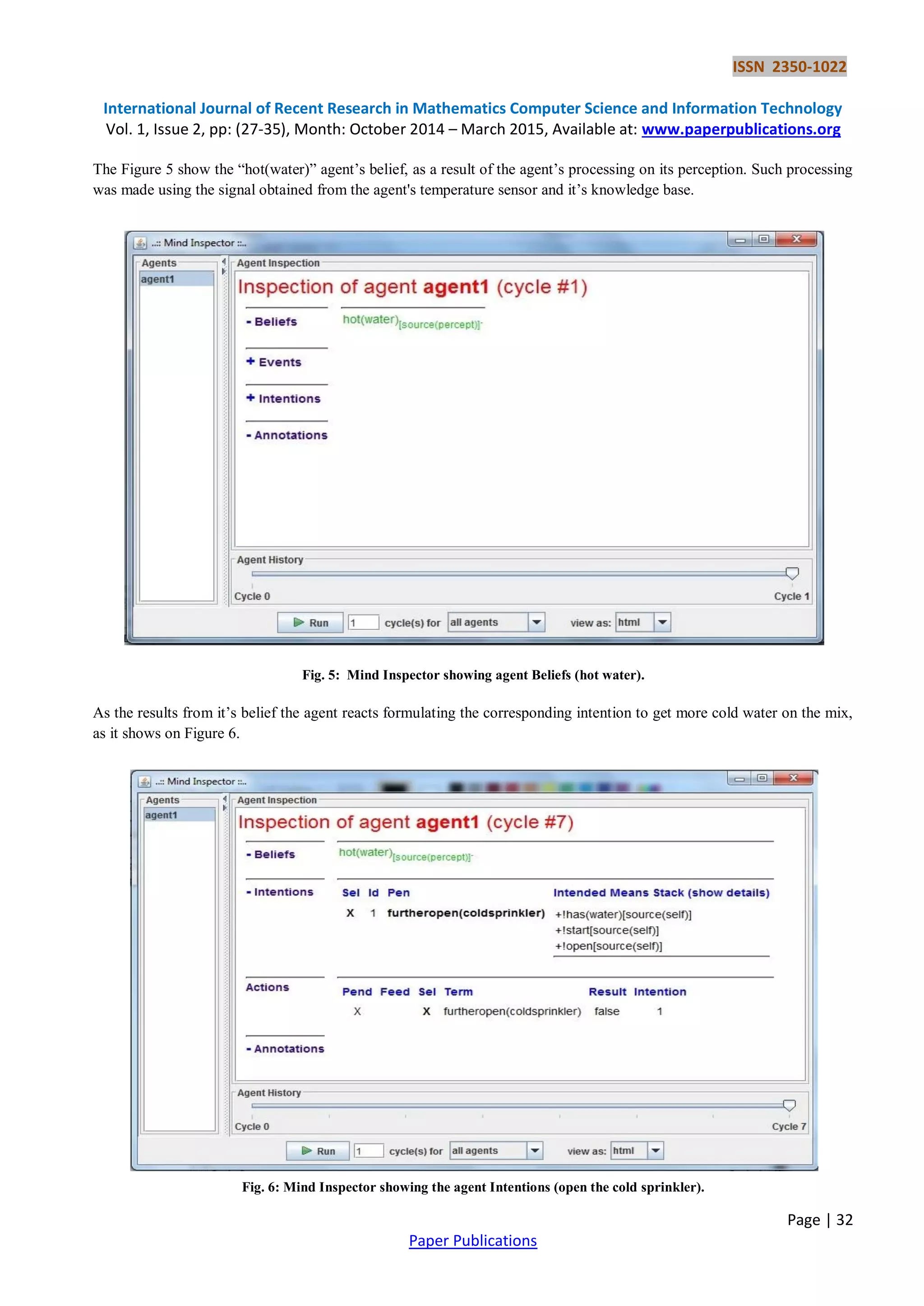 ISSN 2350-1022
International Journal of Recent Research in Mathematics Computer Science and Information Technology
Vol. 1, Issue 2, pp: (27-35), Month: October 2014 – March 2015, Available at: www.paperpublications.org
Page | 32
Paper Publications
The Figure 5 show the “hot(water)” agent’s belief, as a result of the agent’s processing on its perception. Such processing
was made using the signal obtained from the agent's temperature sensor and it’s knowledge base.
Fig. 5: Mind Inspector showing agent Beliefs (hot water).
As the results from it’s belief the agent reacts formulating the corresponding intention to get more cold water on the mix,
as it shows on Figure 6.
Fig. 6: Mind Inspector showing the agent Intentions (open the cold sprinkler).
 