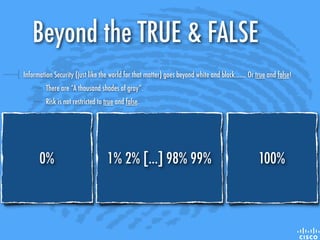 Information Security (just like the world for that matter) goes beyond white and black....... Or true and false!
There are “A thousand shades of gray”.
Risk is not restricted to true and false.
100%0% 1% 2% [...] 98% 99%
Beyond the TRUE & FALSE
 