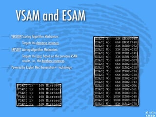 VERSION Scoring Algorithm Mechanism:
Targets the database instances.
EXPLOIT Scoring Algorithm Mechanism:
Targets the host, based on the previous VSAM
results, i.e., the database instances.
Powered by Exploit Next Generation++ Technology.
VSAM and ESAM
 
