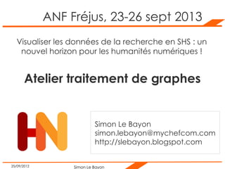Simon Le Bayon25/09/2012
ANF Fréjus, 23-26 sept 2013
Visualiser les données de la recherche en SHS : un
nouvel horizon pour les humanités numériques !
Simon Le Bayon
simon.lebayon@mychefcom.com
http://slebayon.blogspot.com
Atelier traitement de graphes
 