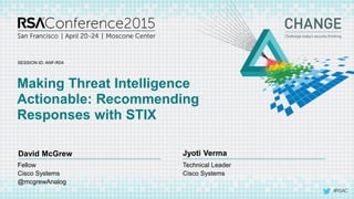 #RSAC
SESSION ID:
David McGrew Jyoti Verma
Making Threat Intelligence
Actionable: Recommending
Responses with STIX
ANF-R04
Technical Leader
Cisco Systems
Fellow
Cisco Systems
@mcgrewAnalog
 
