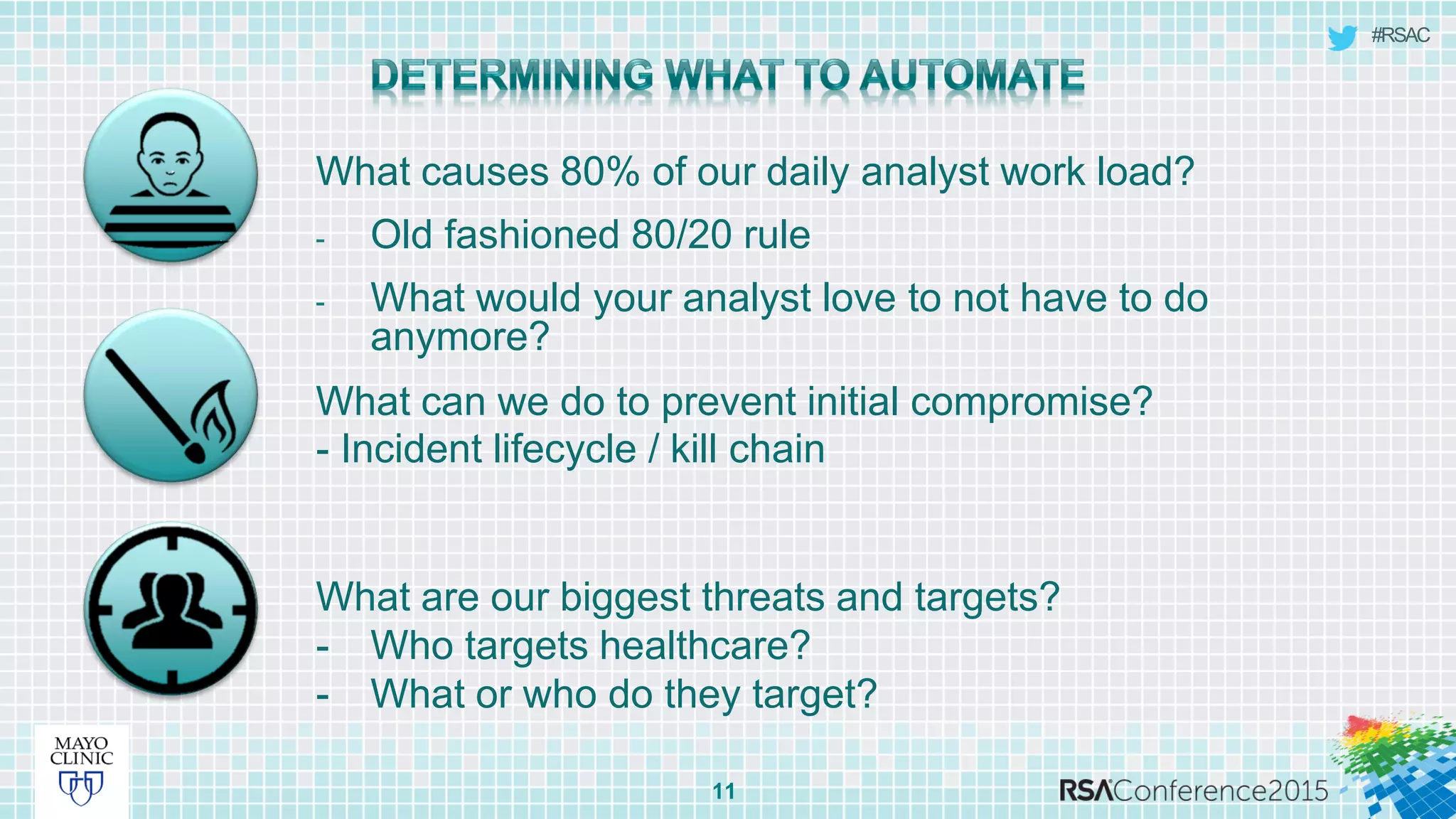 #RSAC
What causes 80% of our daily analyst work load?
- Old fashioned 80/20 rule
- What would your analyst love to not have to do
anymore?
11
What can we do to prevent initial compromise?
- Incident lifecycle / kill chain
What are our biggest threats and targets?
- Who targets healthcare?
- What or who do they target?
 