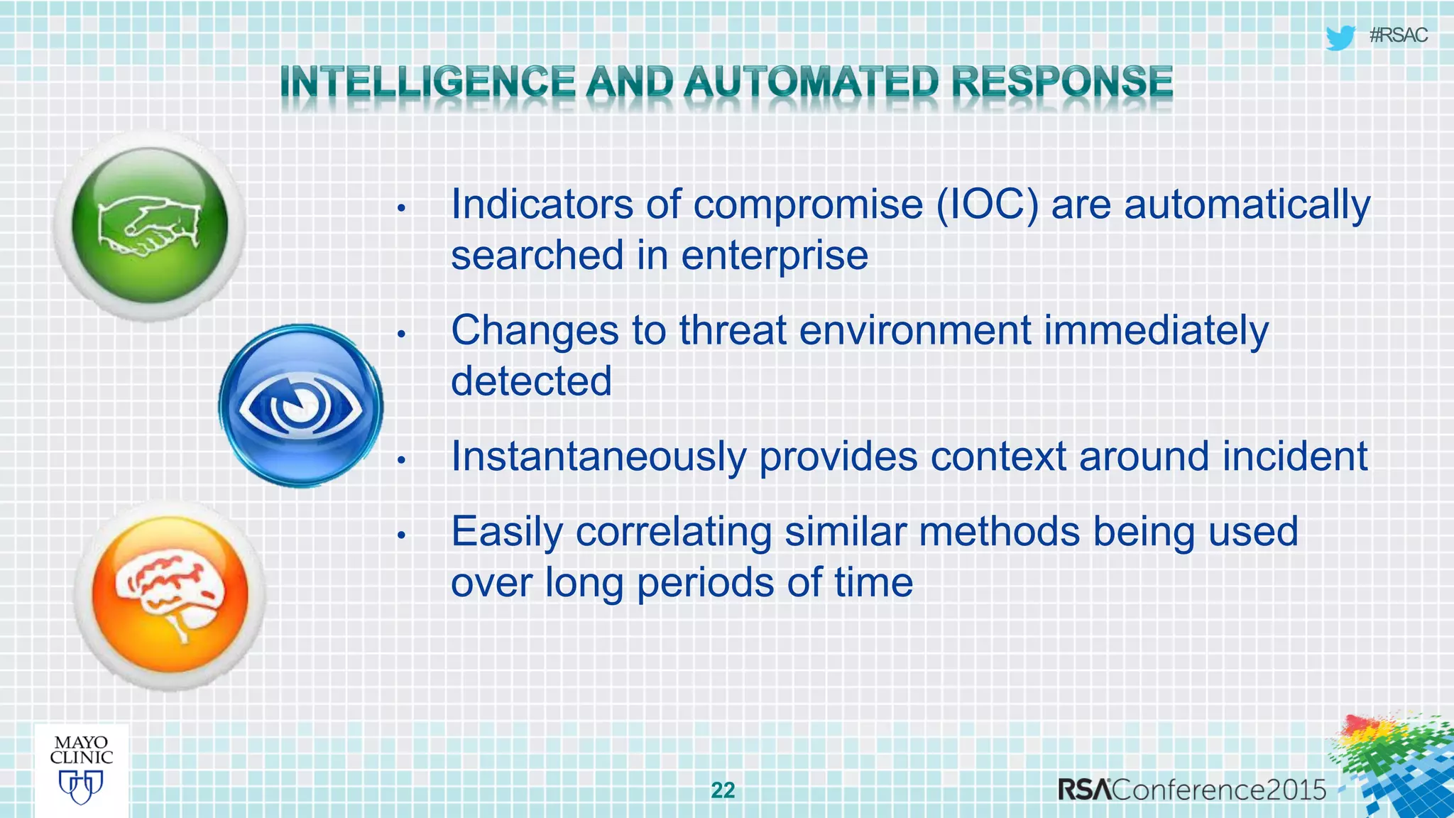 #RSAC
22
• Indicators of compromise (IOC) are automatically
searched in enterprise
• Changes to threat environment immediately
detected
• Instantaneously provides context around incident
• Easily correlating similar methods being used
over long periods of time
 
