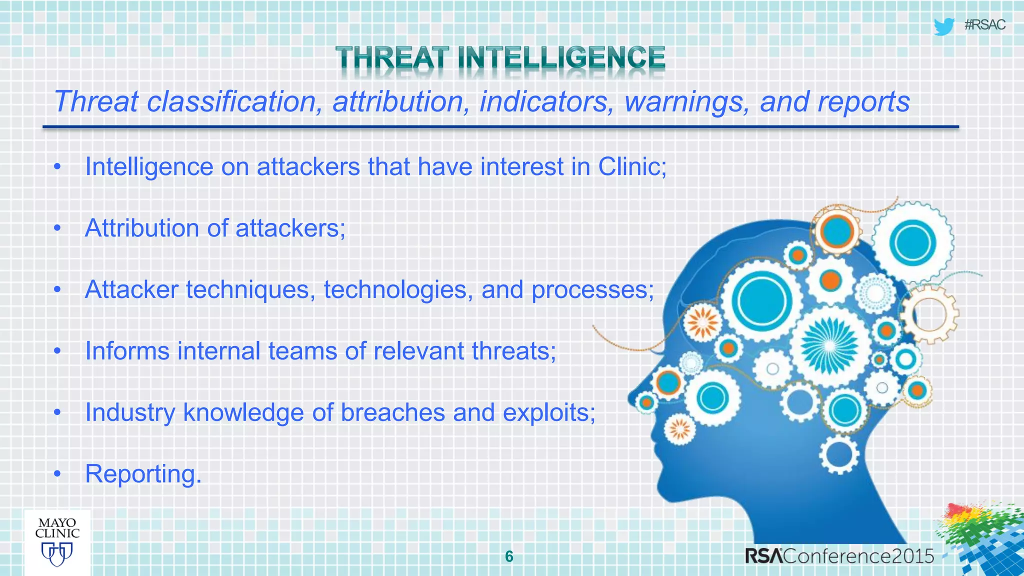 #RSAC
Threat classification, attribution, indicators, warnings, and reports
6
• Intelligence on attackers that have interest in Clinic;
• Attribution of attackers;
• Attacker techniques, technologies, and processes;
• Informs internal teams of relevant threats;
• Industry knowledge of breaches and exploits;
• Reporting.
 