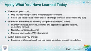 #RSAC
 Next week you should:
 Map your technologies to the incident response life cycle
 Create use cases based on law of dual advantage (eliminate pain while finding evil)
 In the first three months following this presentation you should:
 Inventory identities, networks, systems, and applications (get the baseline,
understand normal)
 No really….understand normal
 Pressure your vendors (API integrations)
 Within six months you should:
 Enterprise implementation of your use cases (detection, respond, remediation)
27
Apply What You Have Learned Today
 