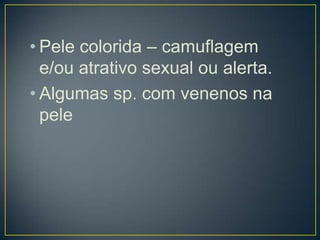• Pele colorida – camuflagem
  e/ou atrativo sexual ou alerta.
• Algumas sp. com venenos na
  pele
 