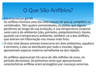 O Que São Anfíbios?
 Características gerais
Os anfíbios formam uma das sete classes de que se compõem os
vertebrados. Têm quatro extremidades, ou patas, que alguns
perderam ao longo de sua evolução, e sua temperatura corporal
varia com a do ambiente (são, portanto, poiquilotermos). Assim,
quando cai a temperatura ambiente, também cai a dos anfíbios,
que entram em hibernação nos meses mais frios.
 O ciclo vital desses animais transcorre em dois ambientes, aquático
e terrestre, e eles se distribuem por todo o mundo. Alguns
apresentam aspecto externo semelhante ao dos répteis.
Os anfíbios apareceram há cerca de 280 milhões de anos, no
período devoniano. Os primeiros seres que apresentavam
características anfíbias eram protegidos por couraças externas.

 