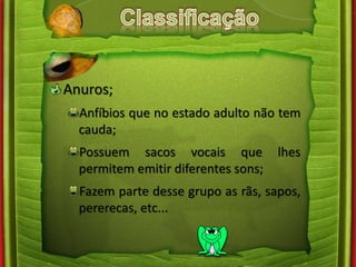 Anuros; 
Anfíbios que no estado adulto não tem 
cauda; 
Possuem sacos vocais que lhes 
permitem emitir diferentes sons; 
Fazem parte desse grupo as rãs, sapos, 
pererecas, etc... 
 