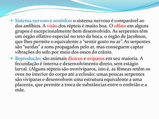  Sistema nervoso e sentidos: o sistema nervoso é comparável ao

dos anfíbios. A visão dos répteis é muito boa. O olfato em alguns
grupos é excepcionalmente bem desenvolvido. As serpentes têm
um órgão olfativo especial no teto da boca, o órgão de Jacobson,
que lhes permite o equivalente a “sentir gosto no ar”. As serpentes
são “surdas” a sons propagados pelo ar, mas conseguem captar
vibrações do solo por meio dos ossos do crânio.
 Reprodução: são animais dioicos e ovíparos em seu maioria. A
fecundação é interna e desenvolvimento direto, sem estágio
larval. (Alguns répteis são ovovivíparos, isto é, as fêmeas retêm os
ovos no interior do corpo até a eclosão; umas poucas serpentes
são vivíparas e desenvolvem uma estrutura equivalente a uma
placenta, que permite a troca de substâncias entre o embrião e a
mãe.

 