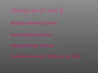    Natalia Almeida Santos.

   Maria Helena Santos.

   Milena Araujo Gomes.

   Guilherme Novais Barboza da Silva
 