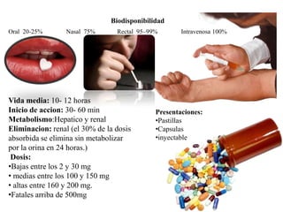 Biodisponibilidad
Oral 20-25%      Nasal 75%       Rectal 95–99%       Intravenosa 100%




Vida media: 10- 12 horas
Inicio de accion: 30- 60 min                 Presentaciones:
Metabolismo:Hepatico y renal                 •Pastillas
Eliminacion: renal (el 30% de la dosis       •Capsulas
absorbida se elimina sin metabolizar         •inyectable
por la orina en 24 horas.)
 Dosis:
•Bajas entre los 2 y 30 mg
• medias entre los 100 y 150 mg
• altas entre 160 y 200 mg.
•Fatales arriba de 500mg
 