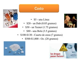Costo

          • $5 - una Línea
    • $20 - un Dub (0.05 gramos)
   • $50 - un Teener (1.75 gramos)
    • $80 - una Bola (3.5 gramos)
• $100-$130 - Cuarto de onza (7 gramos)
   • $500-$1,000 - Oz. (28 gramos)
 