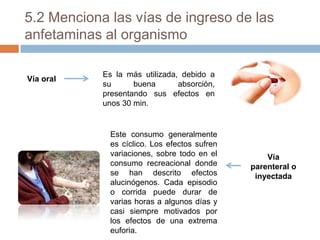 5.2 Menciona las vías de ingreso de las
anfetaminas al organismo
Vía oral

Es la más utilizada, debido a
su
buena
absorción,
presentando sus efectos en
unos 30 min.

Este consumo generalmente
es cíclico. Los efectos sufren
variaciones, sobre todo en el
consumo recreacional donde
se han descrito efectos
alucinógenos. Cada episodio
o corrida puede durar de
varias horas a algunos días y
casi siempre motivados por
los efectos de una extrema
euforia.

Vía
parenteral o
inyectada

 