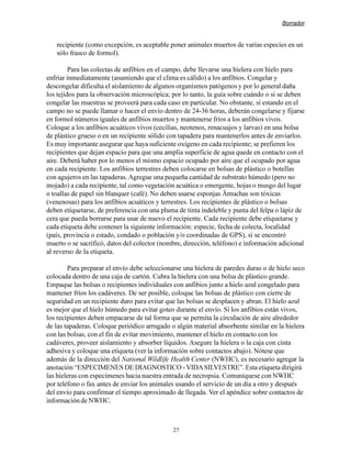 Borrador


   recipiente (como excepción, es aceptable poner animales muertos de varias especies en un
   sólo frasco de formol).

         Para las colectas de anfibios en el campo, debe llevarse una hielera con hielo para
enfriar inmediatamente (asumiendo que el clima es cálido) a los anfibios. Congelar y
descongelar dificulta el aislamiento de algunos organismos patógenos y por lo general daña
los tejidos para la observación microscópica; por lo tanto, la guía sobre cuándo o si se deben
congelar las muestras se proveerá para cada caso en particular. No obstante, si estando en el
campo no se puede llamar o hacer el envío dentro de 24-36 horas, deberán congelarse y fijarse
en formol números iguales de anfibios muertos y mantenerse fríos a los anfibios vivos.
Coloque a los anfibios acuáticos vivos (cecilias, neotenos, renacuajos y larvas) en una bolsa
de plástico grueso o en un recipiente sólido con tapadera para mantenerlos antes de enviarlos.
Es muy importante asegurar que haya suficiente oxígeno en cada recipiente; se prefieren los
recipientes que dejan espacio para que una amplia superficie de agua quede en contacto con el
aire. Deberá haber por lo menos el mismo espacio ocupado por aire que el ocupado por agua
en cada recipiente. Los anfibios terrestres deben colocarse en bolsas de plástico o botellas
con agujeros en las tapaderas. Agregue una pequeña cantidad de substrato húmedo (pero no
mojado) a cada recipiente, tal como vegetación acuática o emergente, hojas o musgo del lugar
o toallas de papel sin blanquer (café). No deben usarse esponjas Ämuchas son tóxicas
(venenosas) para los anfibios acuáticos y terrestres. Los recipientes de plástico o bolsas
deben etiquetarse, de preferencia con una pluma de tinta indeleble y punta del felpa o lápiz de
cera que pueda borrarse para usar de nuevo el recipiente. Cada recipiente debe etiquetarse y
cada etiqueta debe contener la siguiente información: especie, fecha de colecta, localidad
(país, provincia o estado, condado o población y/o coordinadas de GPS), si se encontró
muerto o se sacrificó, datos del colector (nombre, dirección, teléfono) e información adicional
al reverso de la etiqueta.

        Para preparar el envío debe seleccionarse una hielera de paredes duras o de hielo seco
colocada dentro de una caja de cartón. Cubra la hielera con una bolsa de plástico grande.
Empaque las bolsas o recipientes individuales con anfibios junto a hielo azul congelado para
mantener fríos los cadáveres. De ser posible, coloque las bolsas de plástico con cierre de
seguridad en un recipiente duro para evitar que las bolsas se desplacen y abran. El hielo azul
es mejor que el hielo húmedo para evitar goteo durante el envío. Si los anfibios están vivos,
los recipientes deben empacarse de tal forma que se permita la circulación de aire alrededor
de las tapaderas. Coloque periódico arrugado o algún material absorbente similar en la hielera
con las bolsas, con el fin de evitar movimiento, mantener el hielo en contacto con los
cadáveres, proveer aislamiento y absorber líquidos. Asegure la hielera o la caja con cinta
adhesiva y coloque una etiqueta (ver la información sobre contactos abajo). Nótese que
además de la dirección del National Wildlife Health Center (NWHC), es necesario agregar la
anotación “ESPECIMENES DE DIAGNOSTICO - VIDA SILVESTRE”. Esta etiqueta dirigirá
las hieleras con especímenes hacia nuestra entrada de necropsia. Comuníquese con NWHC
por teléfono o fax antes de enviar los animales usando el servicio de un día a otro y después
del envío para confirmar el tiempo aproximado de llegada. Ver el apéndice sobre contactos de
información de NWHC.



                                              27
 