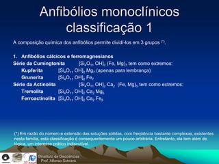 Anfibólios monoclínicos
                classificação 1
A composição química dos anfibólios permite dividí-los em 3 grupos (*).

1. Anfibólios cálcicos e ferromagnesianos
Série da Cumingtonita        [Si4O11 OH]2 (Fe, Mg)7 tem como extremos:
   Kupferita        [Si4O11 OH]2 Mg7 (apenas para lembrança)
   Grunerita        [Si4O11 OH]2 Fe7
Série da Actinolita          [Si4O11 OH]2 Ca2 (Fe, Mg)5 tem como extremos:
   Tremolita        [Si4O11 OH]2 Ca2 Mg5
   Ferroactinolita [Si4O11 OH]2 Ca2 Fe5




(*) Em razão do número e extensão das soluções sólidas, com freqüência bastante complexas, existentes
nesta família, esta classificação é consequentemente um pouco arbitrária. Entretanto, ela tem além de
lógica, um interesse prático indiscutível.

           ©Instituto de Geociências
             Prof. Alfonso Schrank
 