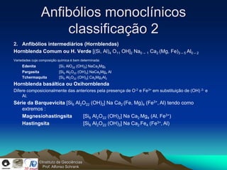 Anfibólios monoclínicos
                    classificação 2
2. Anfibólios intermediários (Hornblendas)
Hornblenda Comum ou H. Verde [(Si, Al)4 O11 OH]2 Na0 – 1 Ca2 (Mg, Fe)3 – 5 Al0 – 2
Variedades cuja composição química é bem determinada:
     Edenita               [Si7 AlO22 (OH)2] NaCa2Mg5
     Pargasita             [Si6 Al2O22 (OH)2] NaCa2Mg4 Al
     Tchermaquita          [Si6 Al2O22 (OH)2] Ca2Mg3Al2
Hornblenda basáltica ou Oxihornblenda
Difere composicionalmente das anteriores pela presença de O-2 e Fe3+ em substituição de (OH) 2- e
    Al.
Série da Barquevicita [Si6 Al2O22 (OH)2] Na Ca2 (Fe, Mg)4 (Fe3+, Al) tendo como
   extremos :
   Magnesiohastingsita        [Si6 Al2O22 (OH)2] Na Ca2 Mg4 (Al, Fe3+)
   Hastingsita                [Si6 Al2O22 (OH)2] Na Ca2 Fe4 (Fe3+, Al)




               ©Instituto de Geociências
                 Prof. Alfonso Schrank
 
