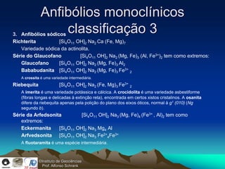 Anfibólios monoclínicos
                  classificação 3
3. Anfibólios sódicos
Richterita         [Si4O11 OH]2 Na2 Ca (Fe, Mg)7
   Variedade sódica da actinolita.
Série do Glaucofano          [Si4O11 OH]2 Na2 (Mg, Fe)3 (Al, Fe3+)2 tem como extremos:
   Glaucofano      [Si4O11 OH]2 Na2 (Mg, Fe)3 Al2
   Bababudanita [Si4O11 OH]2 Na2 (Mg, Fe)3 Fe3+ 2
   A crossita é uma variedade intermediária.
Riebequita               [Si4O11 OH]2 Na2 (Fe, Mg)3 Fe3+ 2
   A imerita é uma variedade potássica e cálcica. A crocidolita é uma variedade asbestiforme
   (fibras longas e delicadas à extinção reta), encontrada em certos xistos cristalinos. A osanita
   difere da riebequita apenas pela polição do plano dos eixos óticos, normal à g1 (010) (Ng
   segundo b).
Série da Arfedsonita         [Si4O11 OH]2 Na3 (Mg, Fe)4 (Fe3+ , Al)2 tem como
   extremos:
   Eckermanita     [Si4O11 OH]2 Na3 Mg4 Al
   Arfvedsonita [Si4O11 OH]2 Na3 Fe2+4Fe3+
   A fluotaramita é uma espécie intermediária.



             ©Instituto de Geociências
               Prof. Alfonso Schrank
 