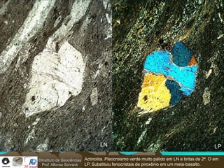 LN                                                          LP

©Instituto de Geociências Actinolita. Pleocroismo verde muito pálido em LN e tintas de 2ª. O em
  Prof. Alfonso Schrank   LP. Substituiu fenocristais de piroxênio em um meta-basalto.
 
