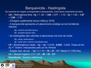Barquevicita - Hastingsita
Os números em negrito correspondem à barquevicita, único termo importante da série.
   LN – Refringência forte. Ng = 1, 65 – 1,69 – 1,71 – 1,72 - Np = 1,64 – 1,67
   – 1,69 – 1,70.
   - Clivagem suplementar pouco nítida g1 (010).
   - A barquevicita apresenta um pleocroísmo análogo ao da hornblenda
   marrom:
         Ng : marrom-vermelho escuro
         Np : amarelo-marrom claro
   - As hastingsitas são coloridas e pleocróicas nos tons de verde:
         Ng : verde, verde escuro
         Np : verde claro, marrom esverdeado claro
   LP – Birrefringência média : Ng – Np = 0,016 - 0,020 – 0,022. Tintas do fim
   da 1ª. Ordem, mascaradas pela cor do mineral.
   - Ângulo max. de ext. : Ng ^ c = 15 – 18 – 27 - 440. Macla h1 (100) freq.
   LC – Biaxial negativo, 2 V = 24 – 40 – 53 - 680.
   Ocorrência : Sienitos nefelínicos.


           ©Instituto de Geociências
             Prof. Alfonso Schrank
 