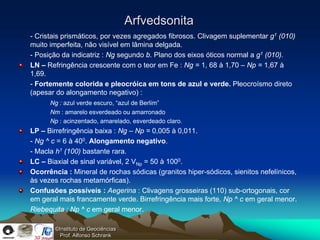 Arfvedsonita
- Cristais prismáticos, por vezes agregados fibrosos. Clivagem suplementar g1 (010)
muito imperfeita, não visível em lâmina delgada.
- Posição da indicatriz : Ng segundo b. Plano dos eixos óticos normal a g1 (010).
LN – Refringência crescente com o teor em Fe : Ng = 1, 68 à 1,70 – Np = 1,67 à
1,69.
- Fortemente colorida e pleocróica em tons de azul e verde. Pleocroísmo direto
(apesar do alongamento negativo) :
      Ng : azul verde escuro, “azul de Berlim”
      Nm : amarelo esverdeado ou amarronado
      Np : acinzentado, amarelado, esverdeado claro.
LP – Birrefringência baixa : Ng – Np = 0,005 à 0,011.
- Ng ^ c = 6 à 400. Alongamento negativo.
- Macla h1 (100) bastante rara.
LC – Biaxial de sinal variável, 2 VNp = 50 à 1000.
Ocorrência : Mineral de rochas sódicas (granitos hiper-sódicos, sienitos nefelínicos,
às vezes rochas metamórficas).
Confusões possíveis : Aegerina : Clivagens grosseiras (110) sub-ortogonais, cor
em geral mais francamente verde. Birrefringência mais forte, Np ^ c em geral menor.
Riebequita : Np ^ c em geral menor.

       ©Instituto de Geociências
         Prof. Alfonso Schrank
 