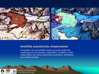 Antofilita substituindo ortopiroxênio
    A antofilita é um orto-anfibólio incolor que pode resultar da
    substituição de orto-piroxênios (hiperstênio, enstatita) no retro-
    metamorfismo de rochas ultramáficas (piroxenitos, peridotitos),
    como neste exemplar.




©Instituto de Geociências
  Prof. Alfonso Schrank
 