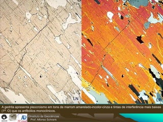 LN                                                        LP
A gedrita apresenta pleocroismo em tons de marrom amarelado-incolor-cinza e tintas de interferência mais baixas
(1ª. O) que os anfibólios monoclínicos.
                  ©Instituto de Geociências
                    Prof. Alfonso Schrank
 
