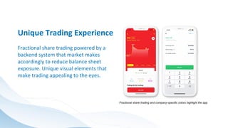 Fractional share trading powered by a
backend system that market makes
accordingly to reduce balance sheet
exposure. Unique visual elements that
make trading appealing to the eyes.
Unique Trading Experience
Fractional share trading and company-specific colors highlight the app
 