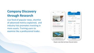 Live feed of popular news, shortlist
of advanced metrics explained, and
industry lists promotes investing in
more assets. Training users to
examine like a professional trader.
Company Discovery
through Research
Popular news feed and basic financial metrics
 