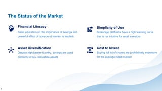 The Status of the Market
Financial Literacy
Basic education on the importance of savings and
powerful effect of compound interest is esoteric
Asset Diversification
Simplicity of Use
Despite high barrier to entry, savings are used
primarily to buy real estate assets
Brokerage platforms have a high learning curve
that is not intuitive for retail investors
5
Cost to Invest
Buying full lot of shares are prohibitively expensive
for the average retail investor
 