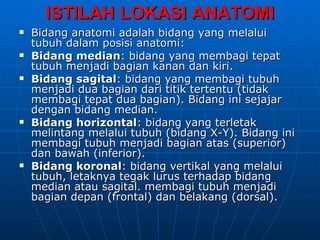 ISTILAH LOKASI ANATOMI
   Bidang anatomi adalah bidang yang melalui
    tubuh dalam posisi anatomi:
   Bidang median: bidang yang membagi tepat
    tubuh menjadi bagian kanan dan kiri.
   Bidang sagital: bidang yang membagi tubuh
    menjadi dua bagian dari titik tertentu (tidak
    membagi tepat dua bagian). Bidang ini sejajar
    dengan bidang median.
   Bidang horizontal: bidang yang terletak
    melintang melalui tubuh (bidang X-Y). Bidang ini
    membagi tubuh menjadi bagian atas (superior)
    dan bawah (inferior).
   Bidang koronal: bidang vertikal yang melalui
    tubuh, letaknya tegak lurus terhadap bidang
    median atau sagital. membagi tubuh menjadi
    bagian depan (frontal) dan belakang (dorsal).
 