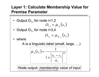 Layer 1: Calculate Membership Value for 
Premise Parameter 
• Output O1,i for node i=1,2 
( ) 1, 1 O x 
i Ai = μ 
• Output O1,i for node i=3,4 
( ) 1, 2 2 
i Bi − = μ 
O x 
x 2 
x c 
©Copyright 2002 by Piero P. Bonissone 18 
• where 
A is a linguistic label (small, large, …) 
( ) b 
i 
i 
A 
a 
1 
1 
1 
1 
+ − 
μ = 
Node output: membership value of input 
 