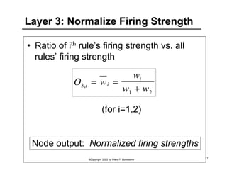 Layer 3: Normalize Firing Strength 
• Ratio of ith rule’s firing strength vs. all 
rules’ firing strength 
O w 
w 
i 
i i w w 
(for i=1,2) 
©Copyright 2002 by Piero P. Bonissone 21 
3 
1 2 
, = = 
+ 
Node output: Normalized firing strengths 
 