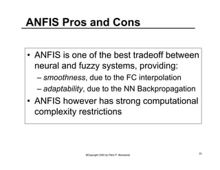 ANFIS Pros and Cons 
• ANFIS is one of the best tradeoff between 
neural and fuzzy systems, providing: 
– smoothness, due to the FC interpolation 
– adaptability, due to the NN Backpropagation 
• ANFIS however has strong computational 
complexity restrictions 
©Copyright 2002 by Piero P. Bonissone 33 
 