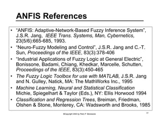 ANFIS References 
• “ANFIS: Adaptive-Network-Based Fuzzy Inference System”, 
J.S.R. Jang, IEEE Trans. Systems, Man, Cybernetics, 
23(5/6):665-685, 1993. 
• “Neuro-Fuzzy Modeling and Control”, J.S.R. Jang and C.-T. 
Sun, Proceedings of the IEEE, 83(3):378-406 
• “Industrial Applications of Fuzzy Logic at General Electric”, 
Bonissone, Badami, Chiang, Khedkar, Marcelle, Schutten, 
Proceedings of the IEEE, 83(3):450-465 
• The Fuzzy Logic Toolbox for use with MATLAB, J.S.R. Jang 
and N. Gulley, Natick, MA: The MathWorks Inc., 1995 
• Machine Learning, Neural and Statistical Classification 
Michie, Spiegelhart & Taylor (Eds.), NY: Ellis Horwood 1994 
• Classification and Regression Trees, Breiman, Friedman, 
Olshen & Stone, Monterey, CA: Wadsworth and Brooks, 1985 
©Copyright 2002 by Piero P. Bonissone 41 

