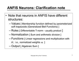 ANFIS Neurons: Clarification note 
• Note that neurons in ANFIS have different 
structures: 
– Values [ Membership function defined by parameterized 
soft trapezoids (Generalized Bell Functions) ] 
– Rules [ Differentiable T-norm - usually product ] 
– Normalization [ Sum and arithmetic division ] 
– Functions [ Linear regressions and multiplication with 
, i.e., normalized weights ω, ] 
– Output [ Algebraic Sum ] 
©Copyright 2002 by Piero P. Bonissone 8 
ω 
 