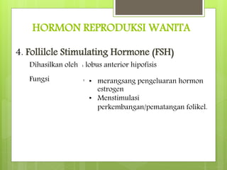 HORMON REPRODUKSI WANITA
4. Follilcle Stimulating Hormone (FSH)
Dihasilkan oleh : lobus anterior hipofisis
Fungsi : • merangsang pengeluaran hormon
estrogen
• Menstimulasi
perkembangan/pematangan folikel.
 