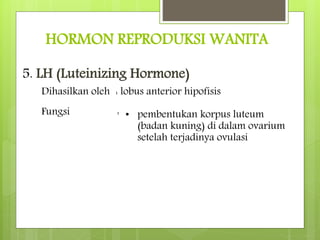 HORMON REPRODUKSI WANITA
5. LH (Luteinizing Hormone)
Dihasilkan oleh : lobus anterior hipofisis
Fungsi : • pembentukan korpus luteum
(badan kuning) di dalam ovarium
setelah terjadinya ovulasi
 