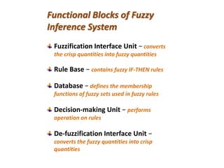 Functional Blocks of Fuzzy
Inference System
Fuzzification Interface Unit − converts
the crisp quantities into fuzzy quantities
Rule Base − contains fuzzy IF-THEN rules
Database − defines the membership
functions of fuzzy sets used in fuzzy rules
Decision-making Unit − performs
operation on rules
De-fuzzification Interface Unit −
converts the fuzzy quantities into crisp
quantities
 
