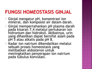 




Ginjal mengatur pH, konsentrasi ion
mineral, dan komposisi air dalam darah.
Ginjal mempertahankan pH plasma darah
pada kisaran 7,4 melalui pertukaran ion
hidronium dan hidroksil. Akibatnya, urin
yang dihasilkan dapat bersifat asam pada
pH 5 atau alkalis pada pH 8.
Kadar ion natrium dikendalikan melalui
sebuah proses homeostasis yang
melibatkan aldosteron untuk
meningkatkan penyerapan ion natrium
pada tubulus konvulasi.

 