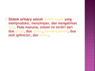 

Sistem urinary adalah sistem organ yang
memproduksi, menyimpan, dan mengalirkan
urin. Pada manusia, sistem ini terdiri dari
dua ginjal, dua ureter, kandung kemih, dua
otot sphincter, dan uretra.

 