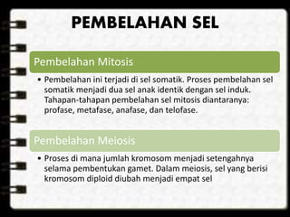 PEMBELAHAN SEL
Pembelahan Mitosis
• Pembelahan ini terjadi di sel somatik. Proses pembelahan sel
somatik menjadi dua sel anak identik dengan sel induk.
Tahapan-tahapan pembelahan sel mitosis diantaranya:
profase, metafase, anafase, dan telofase.
Pembelahan Meiosis
• Proses di mana jumlah kromosom menjadi setengahnya
selama pembentukan gamet. Dalam meiosis, sel yang berisi
kromosom diploid diubah menjadi empat sel
 
