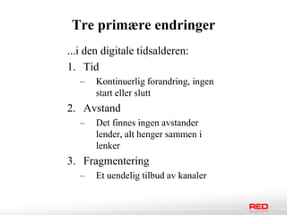 Tre primære endringer
...i den digitale tidsalderen:
1. Tid
   –   Kontinuerlig forandring, ingen
       start eller slutt
2. Avstand
   –   Det finnes ingen avstander
       lender, alt henger sammen i
       lenker
3. Fragmentering
   –   Et uendelig tilbud av kanaler
 
