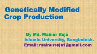 .
Genetically Modified
Crop Production
By Md. Mainur Reja
Islamic University, Bangladesh.
Email: mainurreja1@gmail.com
 