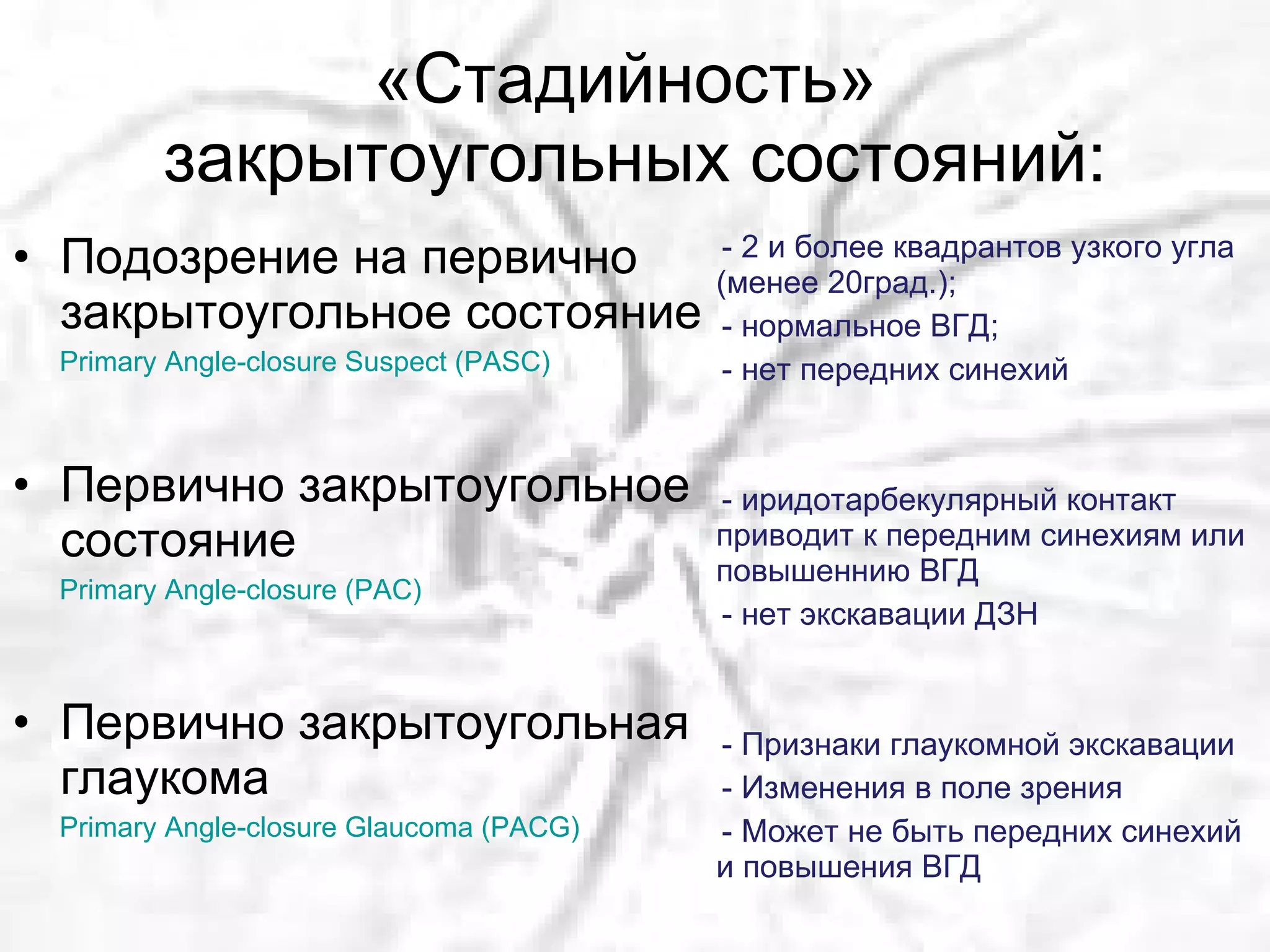 «Стадийность»  закрытоугольных состояний: Подозрение на первично закрытоугольное состояние Primary Angle-closure Suspect (PASC) Первично закрытоугольное состояние  Primary   Angle-closure (PAC) Первично закрытоугольная глаукома Primary   Angle-closure Glaucoma (PACG) - 2 и более квадрантов узкого угла (менее 20град.); - нормальное ВГД;  - нет передних синехий  - иридотарбекулярный контакт  приводит к передним синехиям или повышеннию ВГД  - нет экскавации ДЗН  - Признаки глаукомной экскавации - Изменения в поле зрения - Может не быть передних синехий и повышения ВГД   