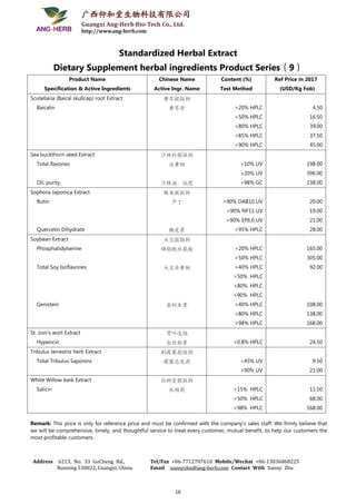广西仰和堂生物科技有限公司
Guangxi Ang-Herb Bio-Tech Co., Ltd.
http://www.ang-herb.com
Address 6213, No. 33 GuCheng Rd.,
Nanning 530022, Guangxi, China.
Tel/Fax +86-7712707610 Mobile/Wechat +86-13036868225
Email sunnyzhu@ang-herb.com Contact With Sunny Zhu
16
Standardized Herbal Extract
Dietary Supplement herbal ingredients Product Series（9）
Product Name
Specification & Active Ingredients
Chinese Name
Active Ingr. Name
Content (%)
Test Method
Ref Price in 2017
(USD/Kg Fob)
Scutellaria (Baical skullcap) root Extract
Baicalin
黄芩提取物
黄芩苷 >20% HPLC
>50% HPLC
>80% HPLC
>85% HPLC
>90% HPLC
4.50
16.50
39.00
37.50
45.00
Sea buckthorn seed Extract
Total flavones
Oil, purity
沙棘籽提取物
总黄酮
沙棘油，纯度
>10% UV
>20% UV
>98% GC
198.00
396.00
238.00
Sophora Japonica Extract
Rutin
Quercetin Dihydrate
槐米提取物
芦丁
槲皮素
>90% DAB10 UV
>90% NF11 UV
>90% EP6.0 UV
>95% HPLC
20.00
19.00
21.00
28.00
Soybean Extract
Phosphatidylserine
Total Soy Isoflavones
Genistein
大豆提取物
磷脂酰丝氨酸
大豆异黄酮
染料木素
>20% HPLC
>50% HPLC
>40% HPLC
>50% HPLC
>80% HPLC
>90% HPLC
>40% HPLC
>80% HPLC
>98% HPLC
165.00
305.00
92.00
108.00
138.00
168.00
St. Join’s wort Extract
Hypericin
贯叶连翘
金丝桃素 >0.8% HPLC 24.50
Tribulus terrestris herb Extract
Total Tribulus Saponins
刺蒺藜提取物
蒺藜总皂甙 >45% UV
>90% UV
9.50
21.00
White Willow bark Extract
Salicin
白柳皮提取物
水杨甙 >15% HPLC
>50% HPLC
>98% HPLC
11.50
68.00
168.00
Remark: This price is only for reference price and must be confirmed with the company's sales staff. We firmly believe that
we will be comprehensive, timely, and thoughtful service to treat every customer, mutual benefit, to help our customers the
most profitable customers.
 