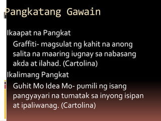 Pangkatang Gawain
Ikaapat na Pangkat
Graffiti- magsulat ng kahit na anong
salita na maaring iugnay sa nabasang
akda at ilahad. (Cartolina)
Ikalimang Pangkat
Guhit Mo Idea Mo- pumili ng isang
pangyayari na tumatak sa inyong isipan
at ipaliwanag. (Cartolina)
 