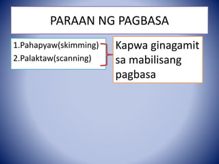 PARAAN NG PAGBASA
1.Pahapyaw(skimming)
2.Palaktaw(scanning)
Kapwa ginagamit
sa mabilisang
pagbasa
 