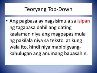 Teoryang Top-Down
• Ang pagbasa ay nagsisimula sa isipan
ng tagabasa dahil ang dating
kaalaman niya ang magpapasimula
ng pakilala niya sa teksto at kung
wala ito, hindi niya mabibigyang-
kahulugan ang anumang babasahin.
 